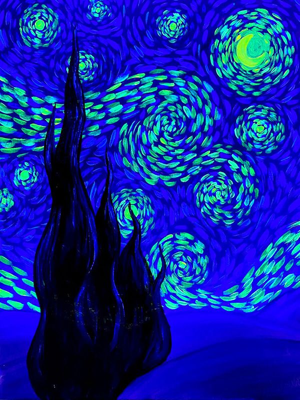 A painting in the style of Van Gogh, painted in glow in the dark paint.